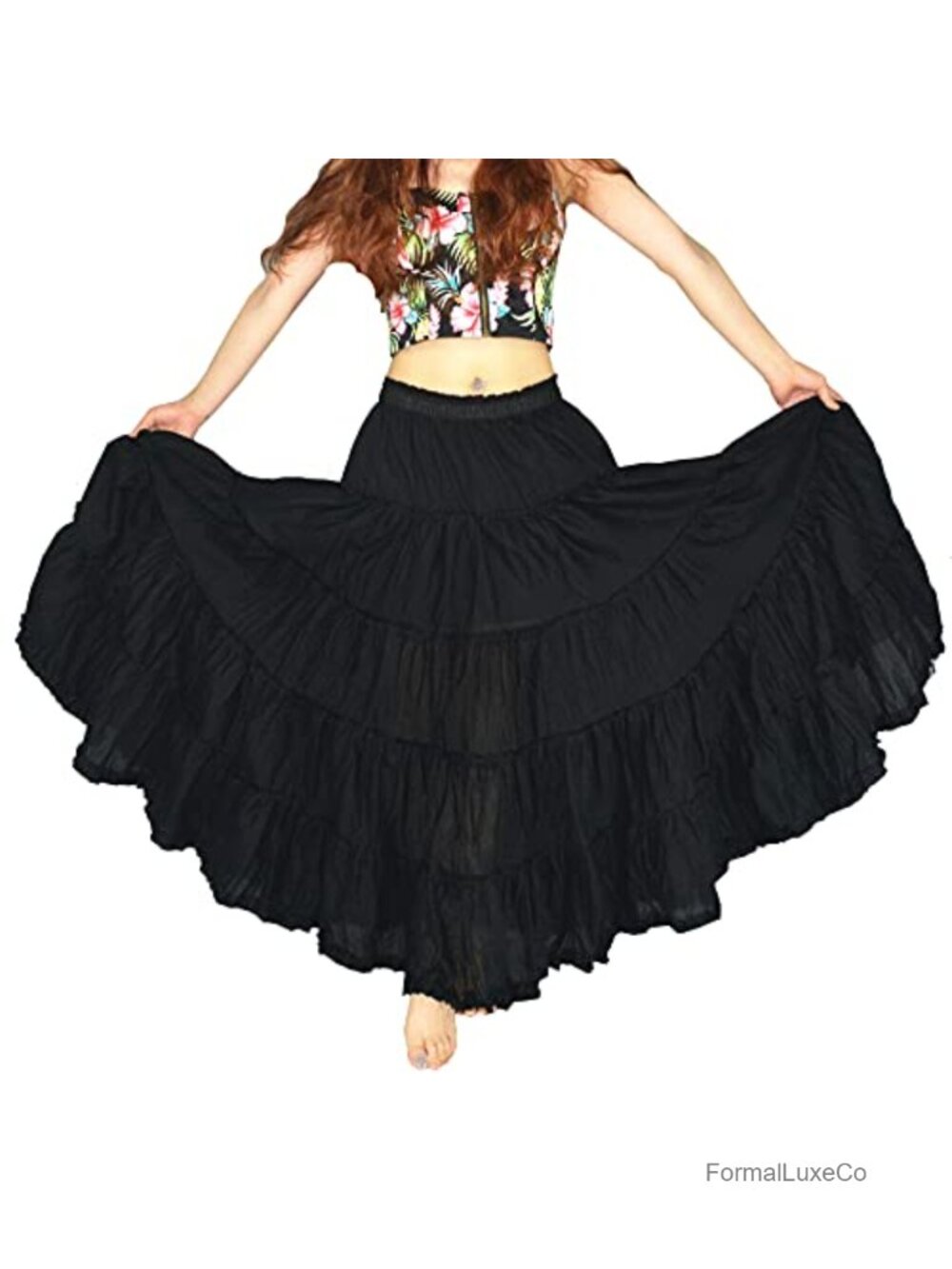 Women's Boho Pleated Cotton 5 Tiered Maxi Skirt Long A-Line Dance Skirt